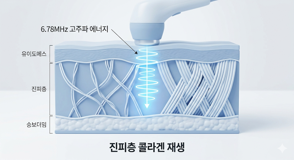 구월동올리지오 6.78MHz 고주파 진피층 콜라겐 재생 원리 도식