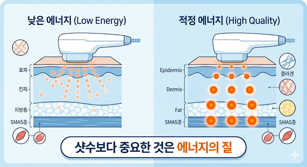 구월동슈링크 효과를 결정짓는 에너지 출력과 샷수의 차이 비교 인포그래픽