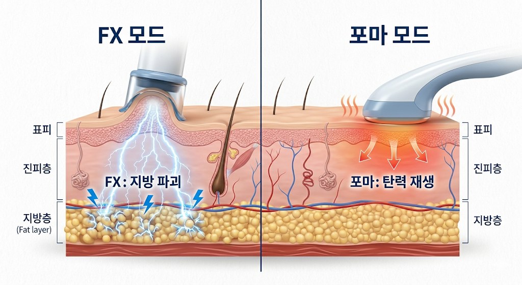 구월동 인모드 FX와 포마 모드의 피부층별 리프팅 원리 비교 인포그래픽