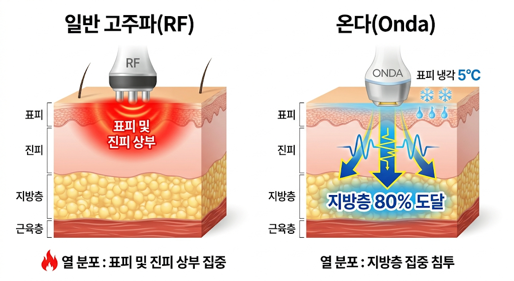 구월동 온다 리프팅 마이크로웨이브와 고주파 에너지 침투 깊이 비교 인포그래픽