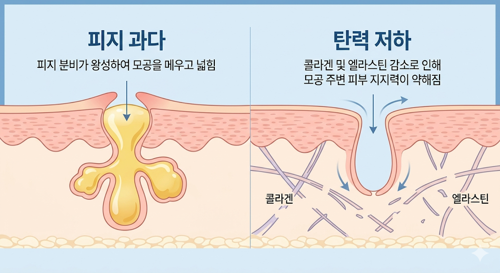 구월동 포텐자 시술 전 이해하는 모공 확장 원인(피지 및 탄력 저하) 비교 그래픽