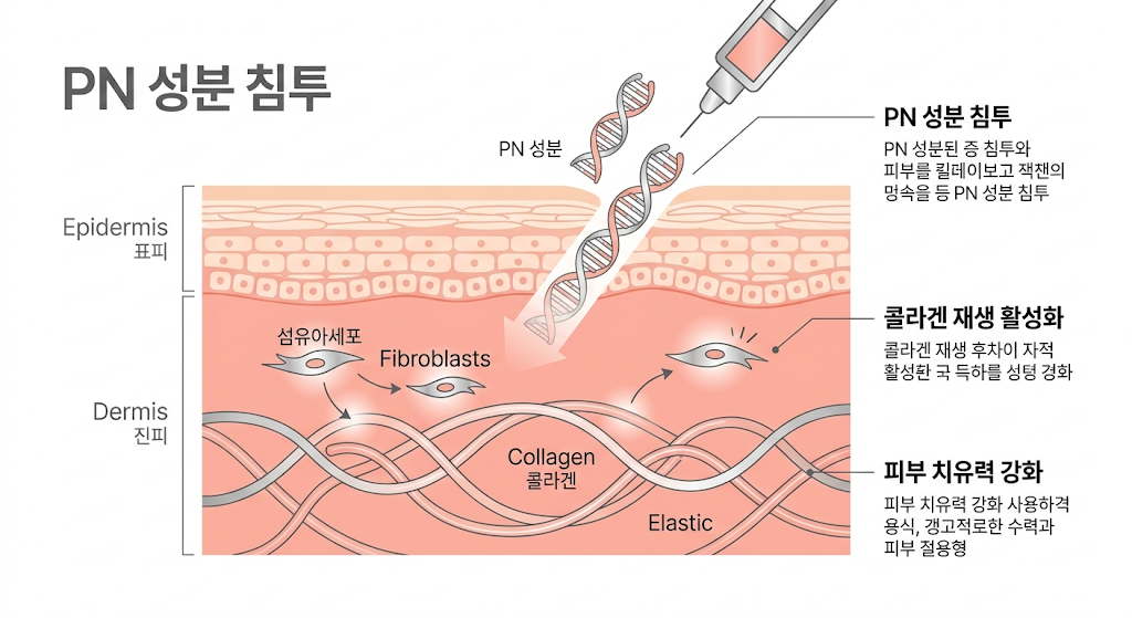 구월동 리쥬란 시술 원리 — PN 성분이 피부 진피층에서 콜라겐 재생을 돕는 과정 일러스트