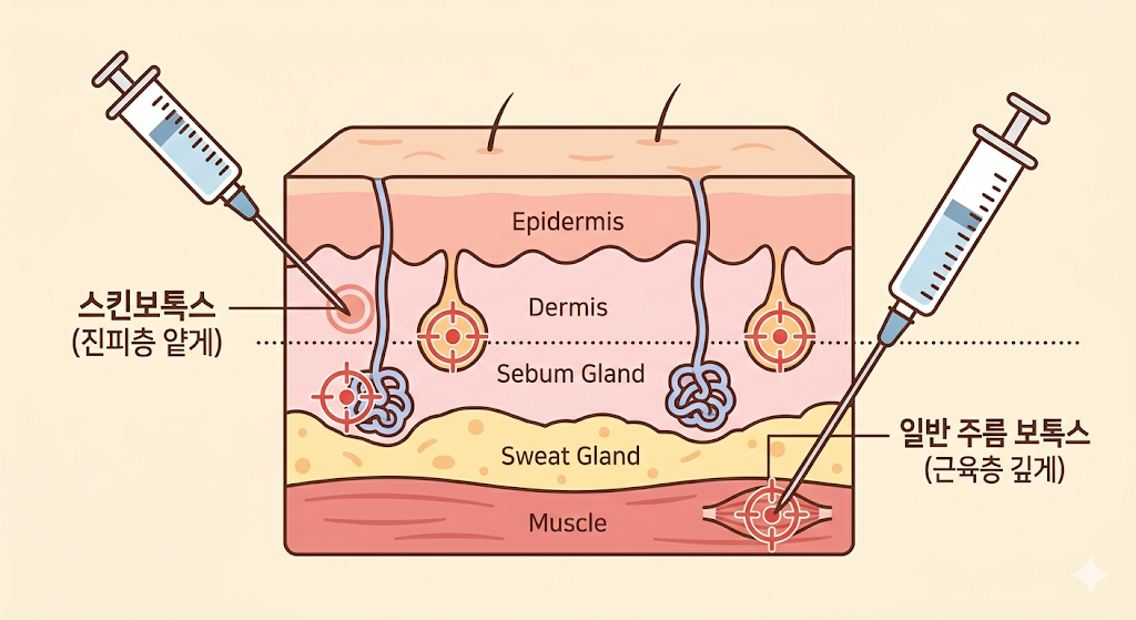 구월동 스킨보톡스와 일반 주름 보톡스 주입 깊이 비교 일러스트
